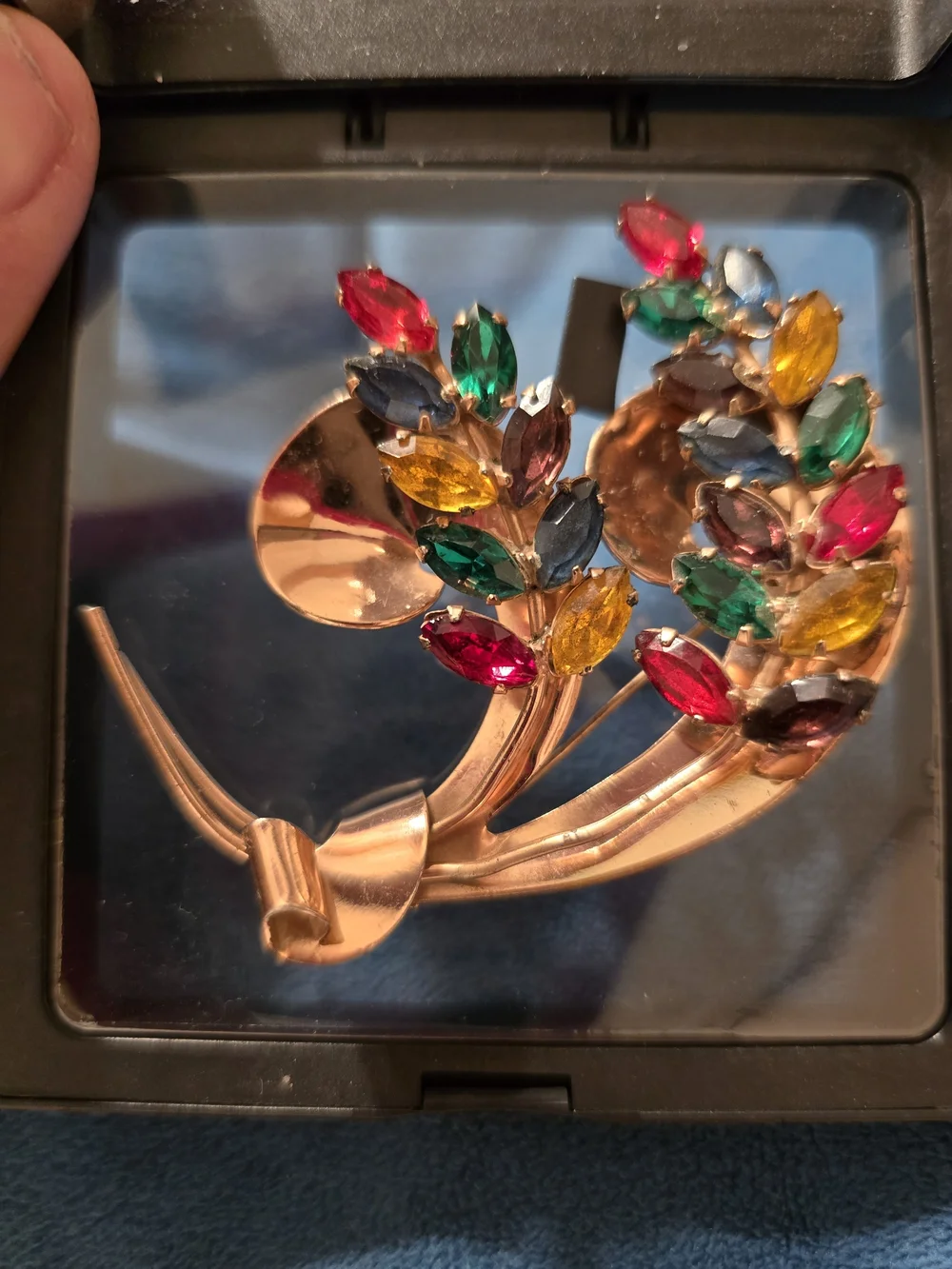 Coro Uranium Glass Gold-Tone Sterling Multicolor Marquise Crystal Floral Brooch